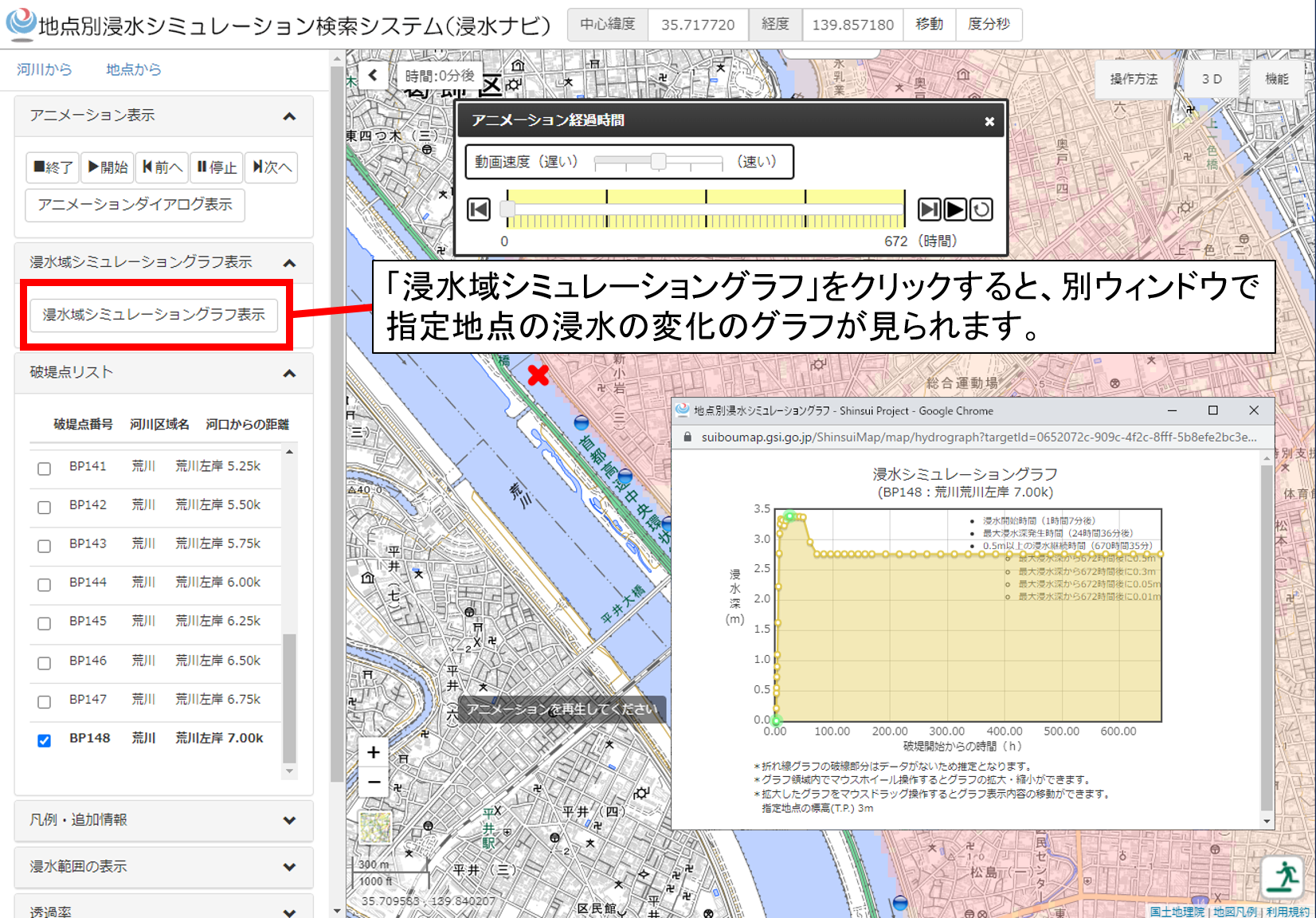 浸水シミュレーショングラフを表示